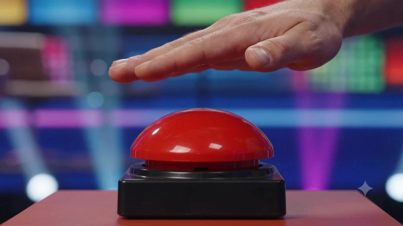 Una mano preme il pulsante della Buzz Room
